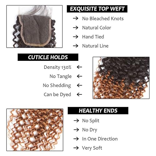 Miniatura 5 de 3 manojos de cabello humano degradado rizado con cierre, marrón 1B30, 4x4, cierre de encaje, cabello humano de dos tonos, grado 10A, suave, 100%