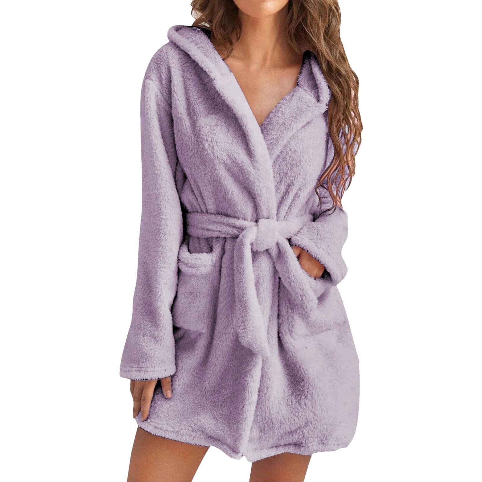 GenericBlack V Neck Jumper Nightwear For Women Pyjamas Women's Solid Colour  Long Sleeve Pocket Hooded Knee Short Plush Pajamas Robe Homewear Bathrobe