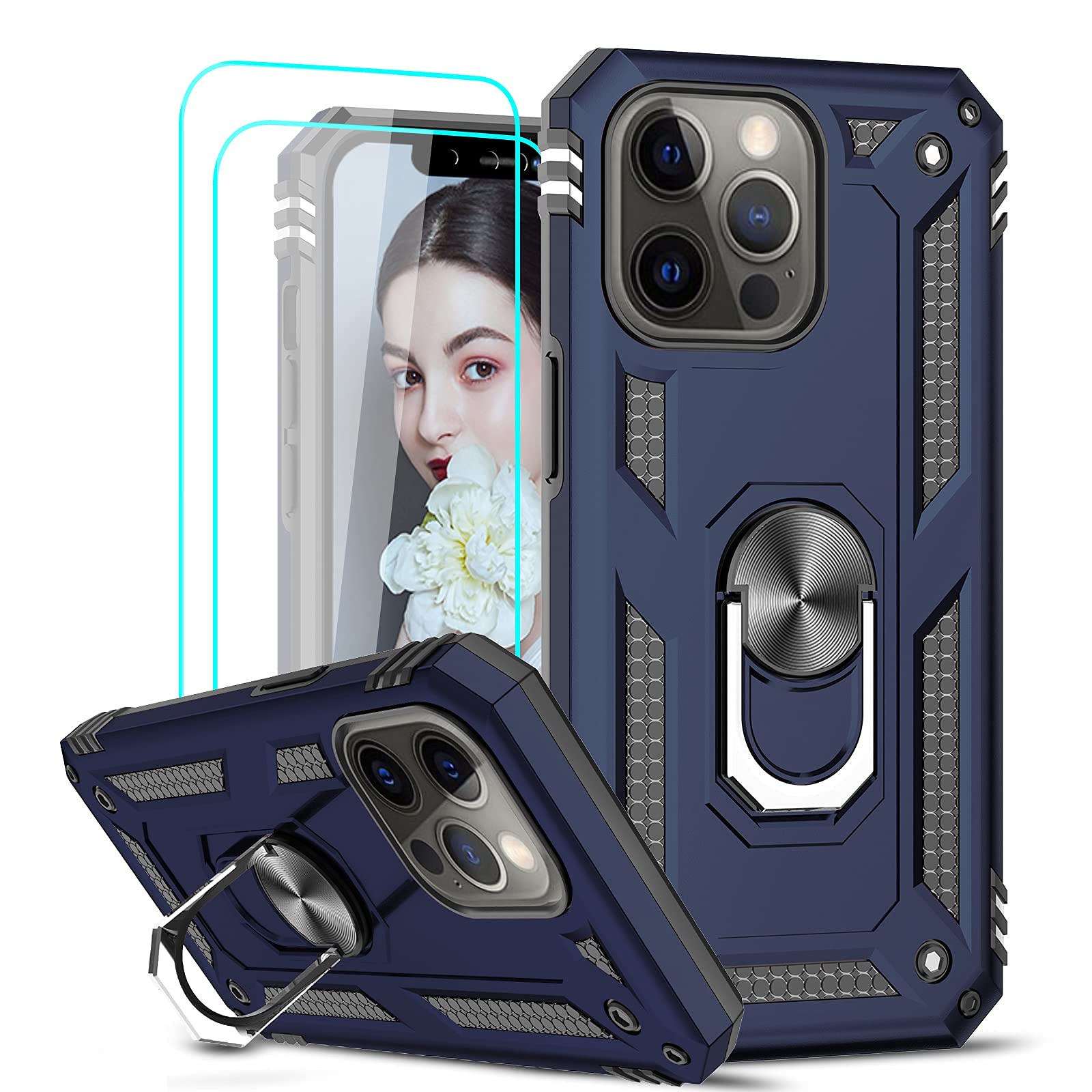 Theodore Case with [2 Pack] Tempered Glass Screen Protector Compatible for iPhone 13 Pro 6.1'', [Military-Grade] Protective Phone Cover Case with Magnetic Ring Kickstand (Blue)