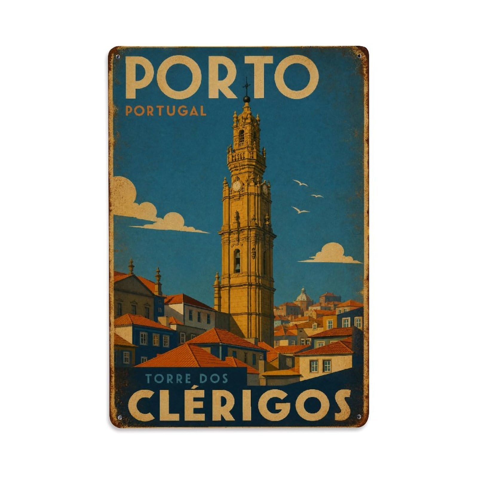 Huiyhb 8X12inch(20X30cm) Vintage Travel Clerigos Tower Cityscape Rooftops Portugal Metal Tin Sign