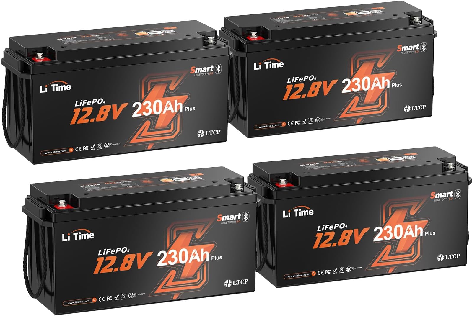 Litime 12V 230Ah Bluetooth Lithium Battery, 4000+ Deep Cycle LiFePO4 Battery, Max 2944Wh Energy, Perfect for RV, Travel Trailer, Off-Grid - 4 Packs