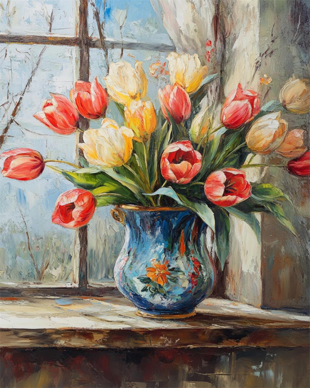 AMBATTERY Flowers DIY Beaded Cross Stitch Kit Tulips By The Window Bead Embroidery Kit for Adults Needlepoint Tapestry Set Beaded Stitching 60x80cm