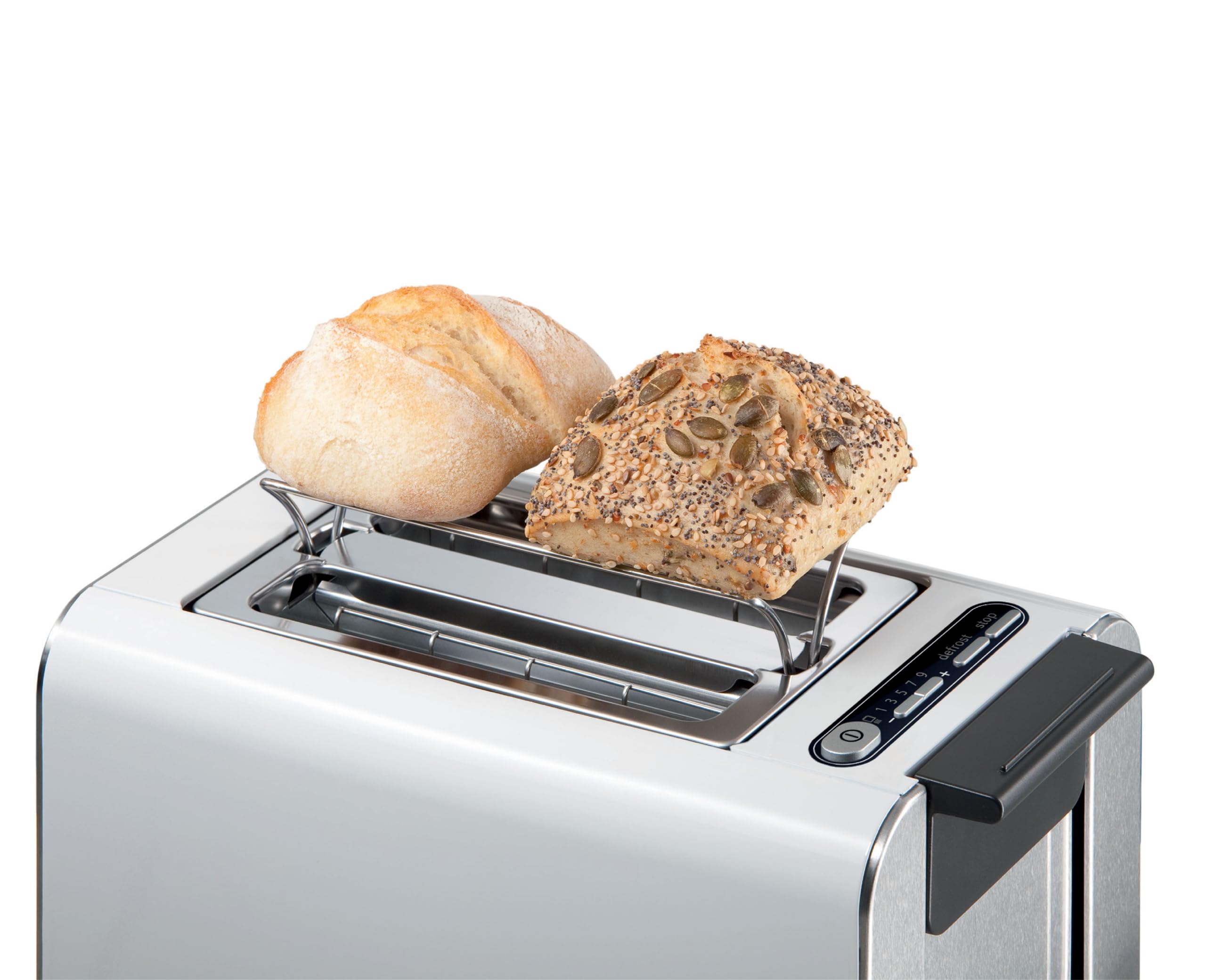 Bosch Tostapane Styline TAT8611N, inserto per panini integrato, funzione sollevamento, scongelamento, spegnimento automatico, centraggio del pane, 800 W, acciaio inox/bianco