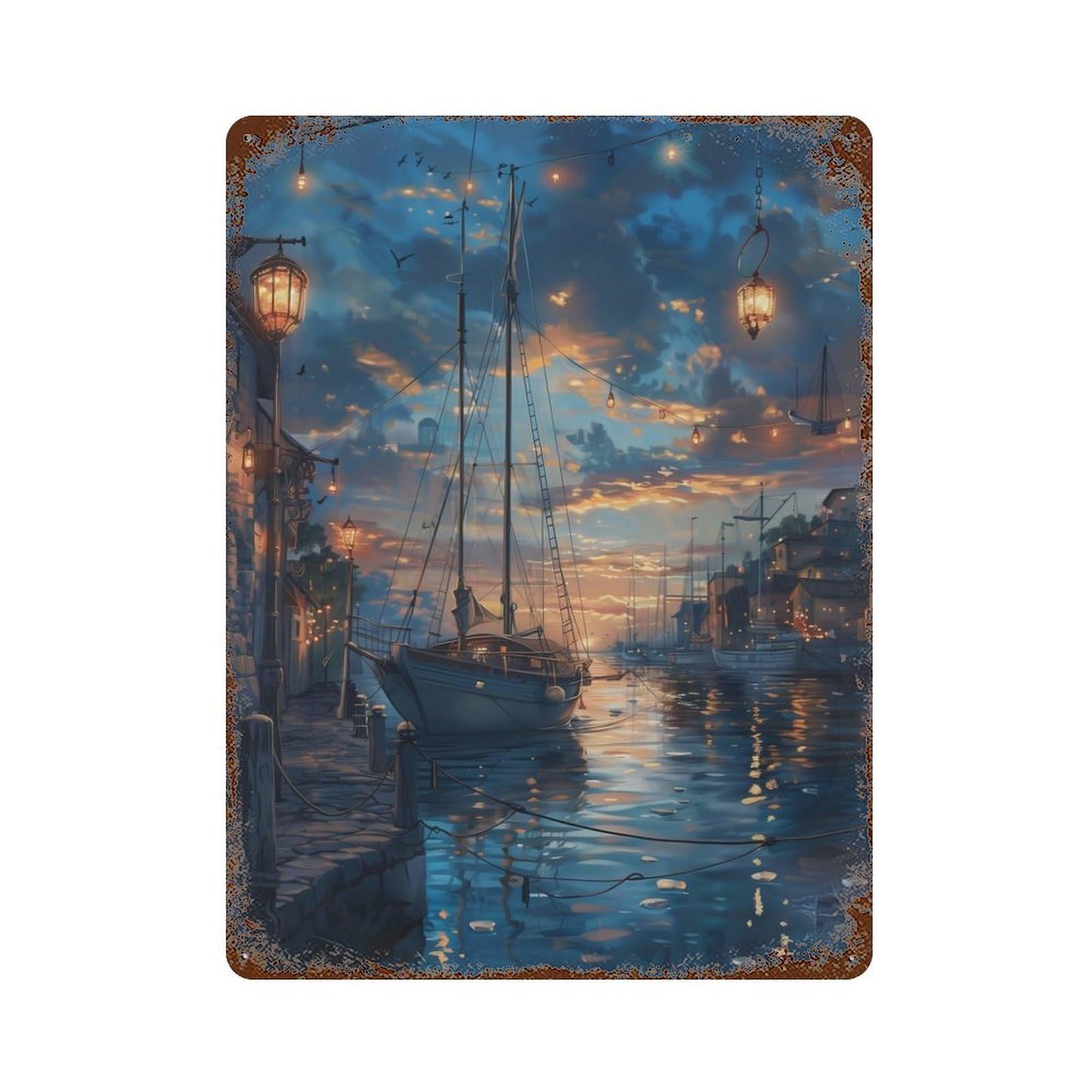 Rust Effect Harbor Serenity Aged Metal Wall Plaque 15.7"x11.8", Rustic Home Decor for Bistro, Counter And Cafe Decor