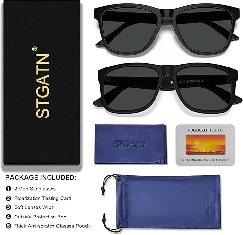 Miniatura 7 de STGATN Lentes de sol polarizados cuadrados para hombre, 2 paquetes en 2 estilos, marcos TR90 mate, protección UV400, antideslizantes