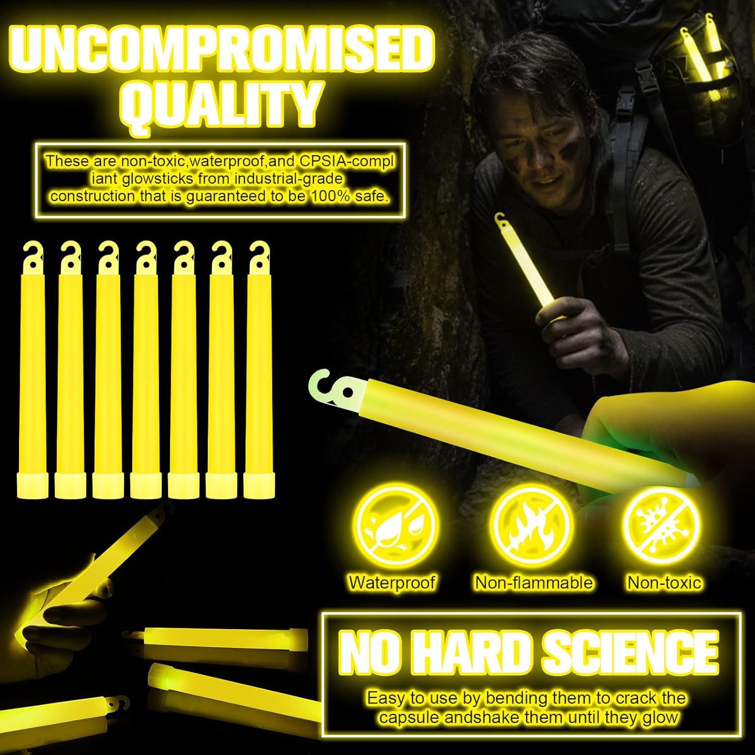 Sotiff 96 Pcs Bright 6 Inch Large Glow Sticks Bulk Emergency Glow in The Dark Sticks with 12 Hour Duration for Camping Hiking Outdoor Parties Activities Survival Storms (Yellow)