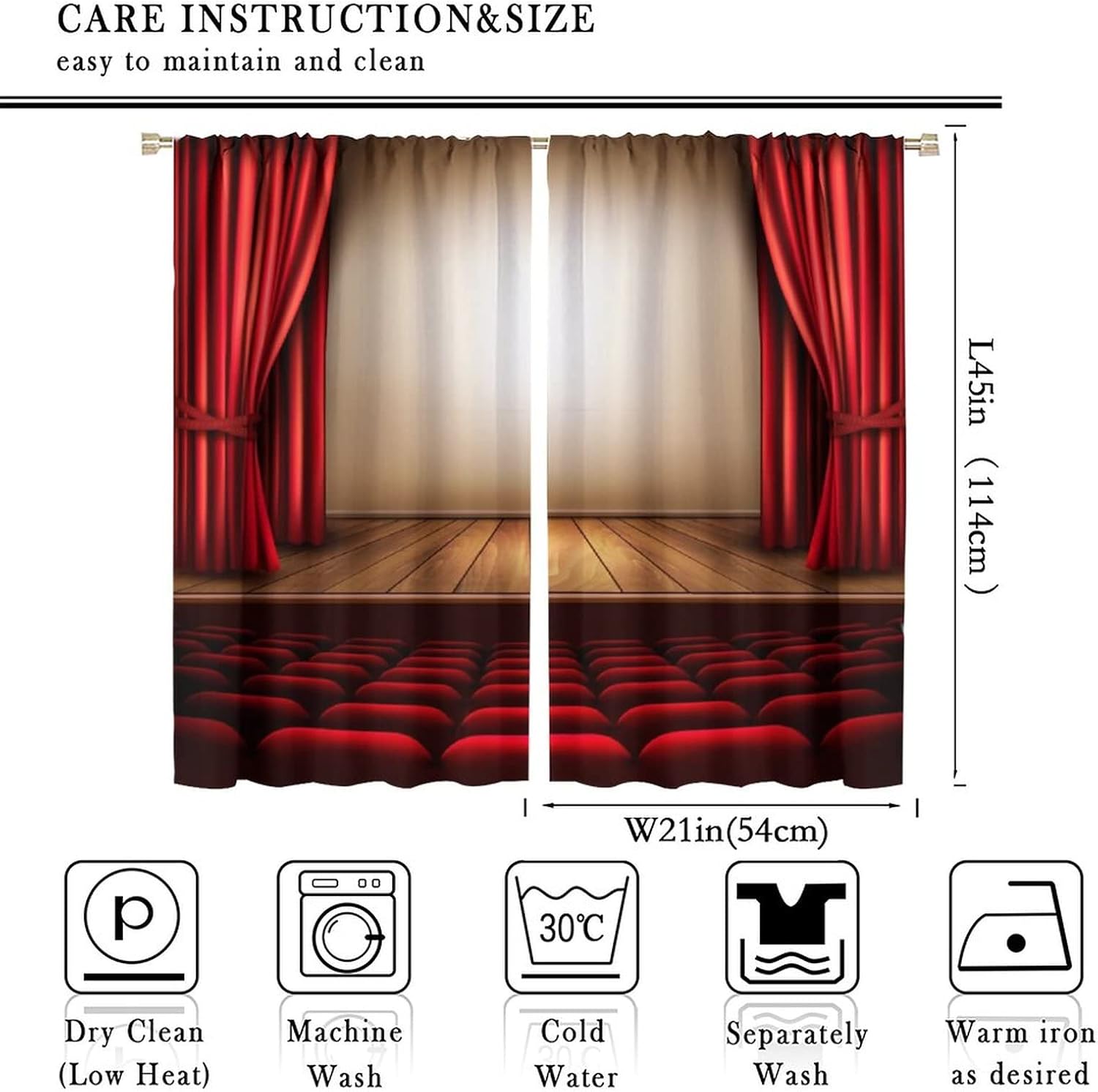 Cinema Movie Blackout Curtain, Theater Stage Red Seat Movie Time Window Curtain Darkening Drapes Rod Pocket for Living Room Cafe Kitchen Dining Room Bedroom Office 42x45 in