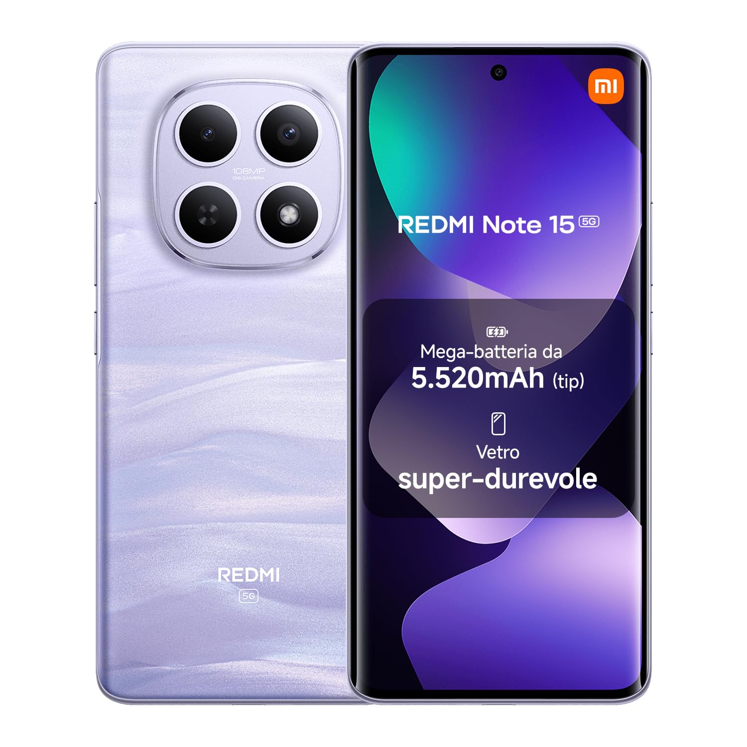 XIAOMI Redmi Note 15 5G, Smartphone 12+512GB, Design ultrasottile, Resistenza IP65, Fotocamera super nitida da 108 MP, Display FHD+ da 6,77", Viola Nebbia, Garanzia 2 anni, Caricatore non incluso