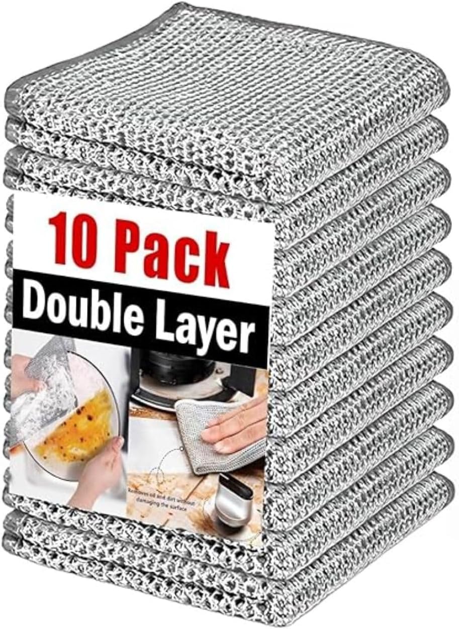 Double Layer Stainless Steel Wire Dish Cloth 10 Pack | Non-Scratch Kitchen Scrubber 20×20 cm | Reusable Heavy Duty Steel Cleaning Cloth for Utensils, Sink & Stove