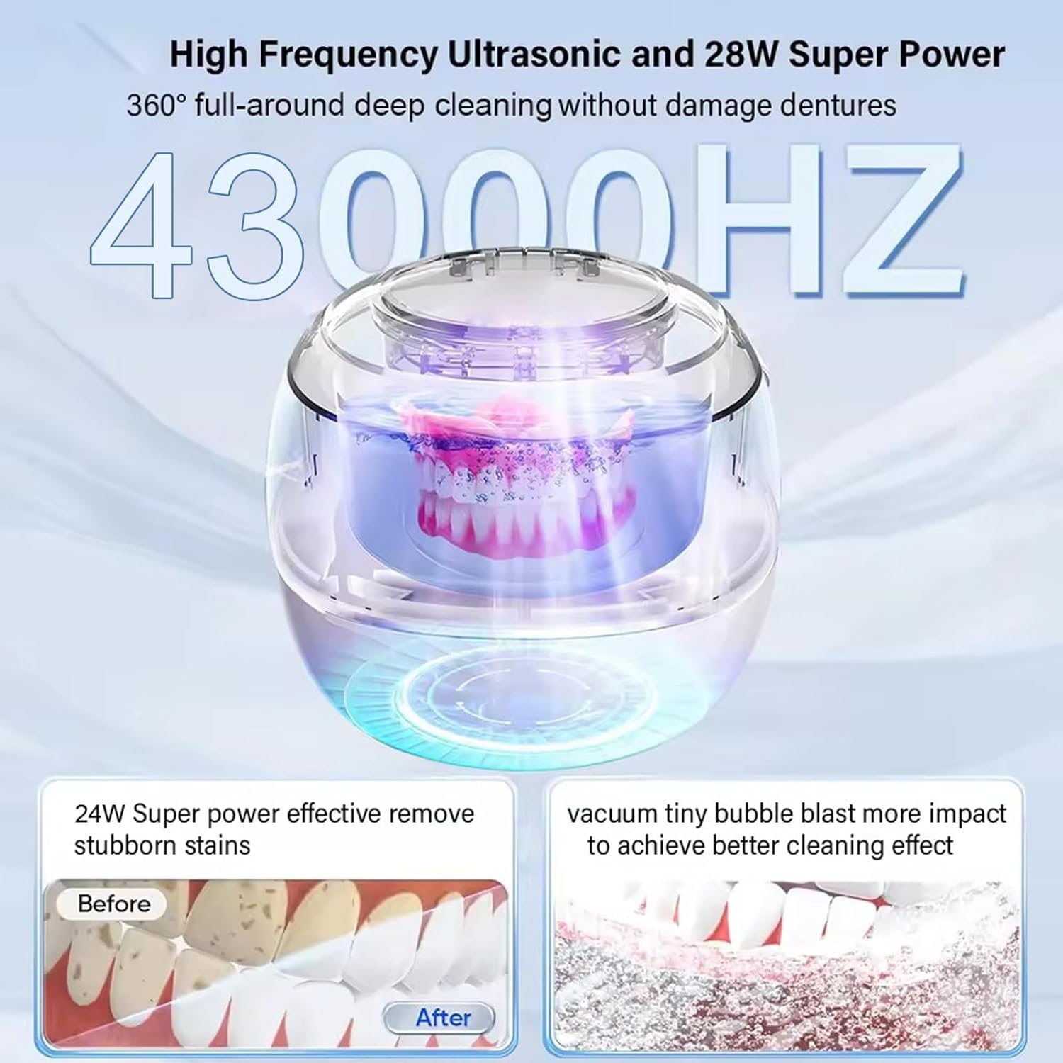Limpiador ultrasónico para retenedores, protectores bucales, cabezales de cepillo de dientes, limpieza profunda de 3 minutos con un solo toque