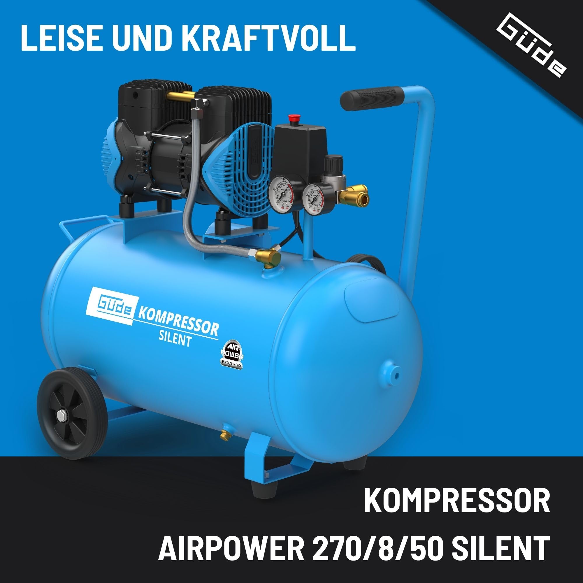 Güde Airpower 270/8/50 SILENT Kompressor - 230 Volt, 50 Liter Kessel, 1,68 Kilowatt, max. Druck 8 bar, eff. Liefermenge bei 0 bar 213 l/min, öl- und wartungsfrei, Schalldruckpegel 67 dB(A)