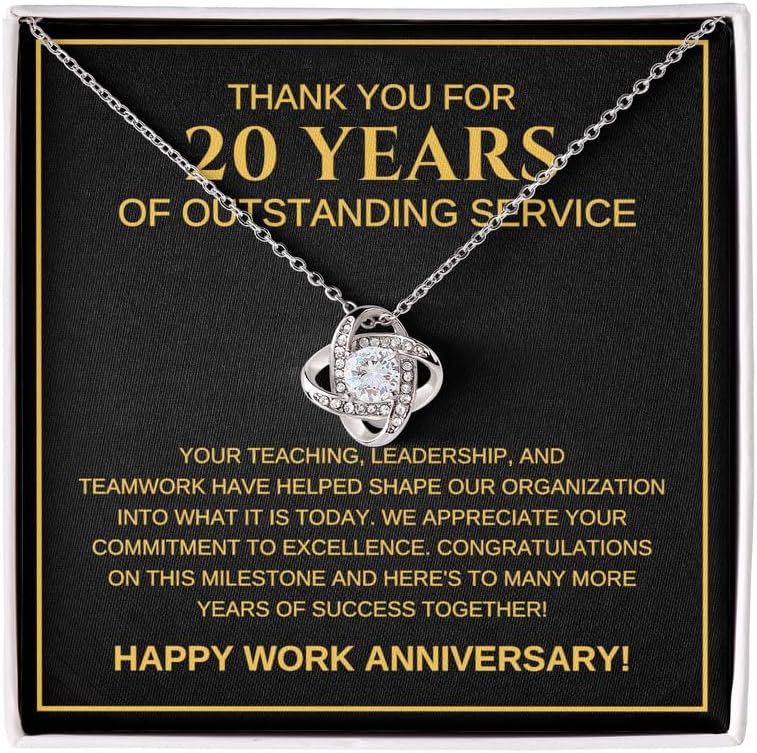 20 Years Outstanding Service Necklace Silver Plated Love Knot Mahogany - Thank You For 20 Years - Jewelry Work Anniversary Thank You Leader