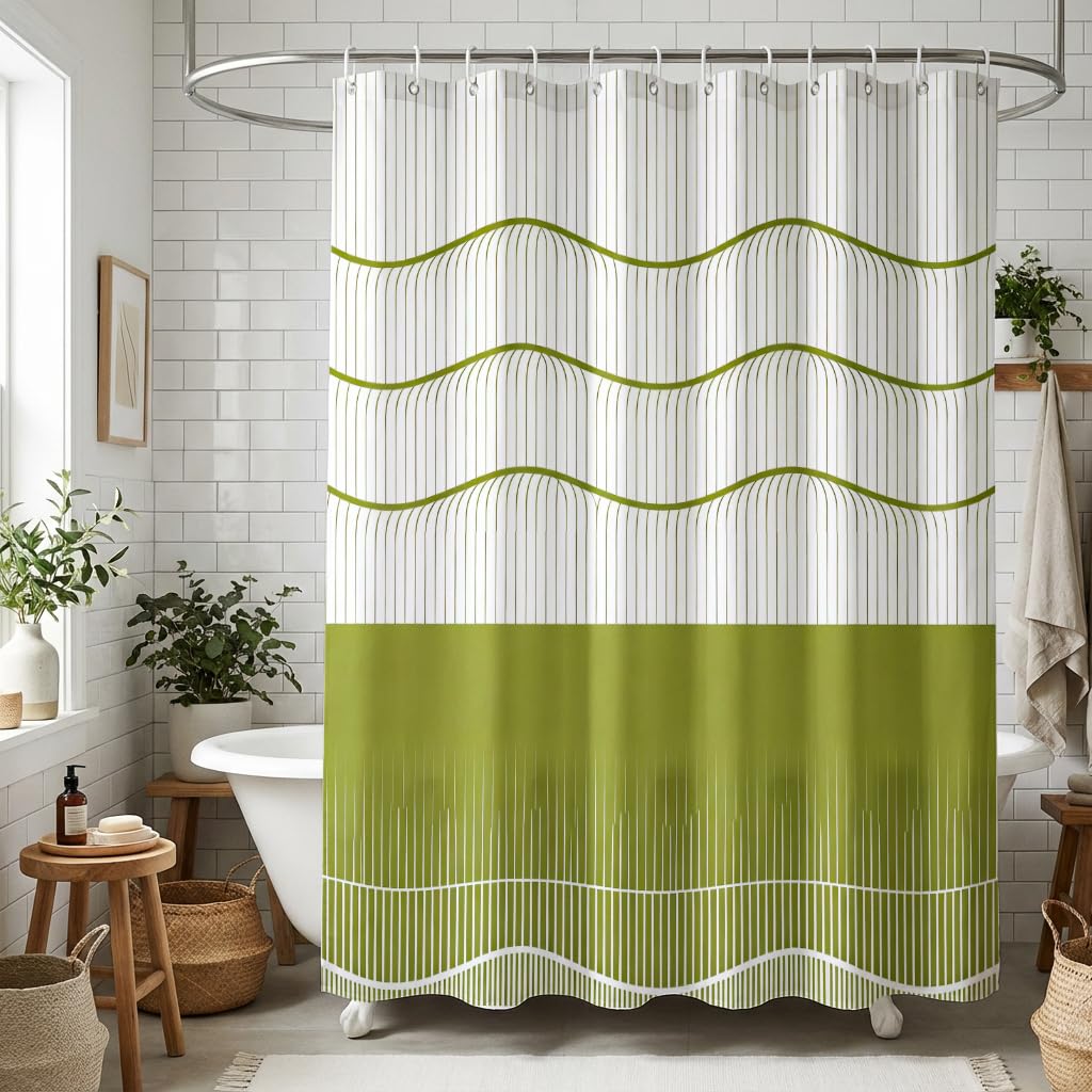 Zafyygh Colorful Geometric Line Wave Shower Curtain, 72X72 Inch Minimalist Olive Green Vertical Stripe Fabric, Modern Art Deco Bathroom Decor