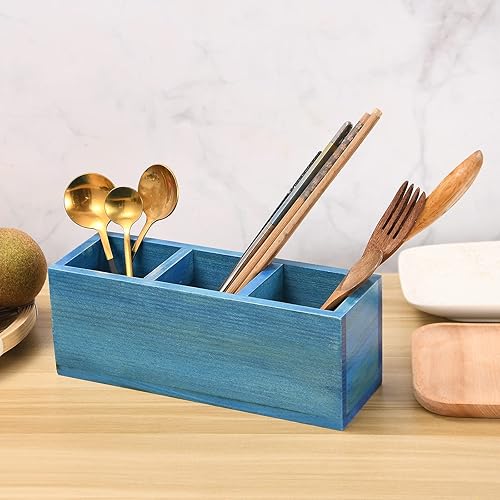 Miniatura 8 de dedoot Organizador de escritorio con control remoto de madera, soporte para lápices de madera azul, organizador de cajones de madera de 3 secciones,