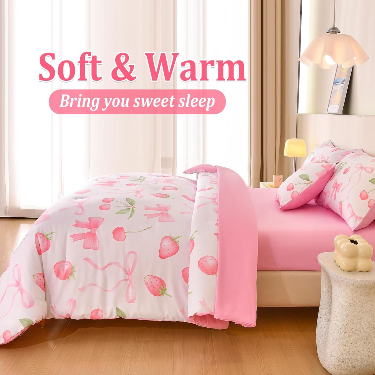 6 Pcs Bed in A Bag Pink Full Comforter Set for Girls,Bow Comforter Set,Cherry Strawberry Bedding Sets with Sheets for Kids - Image 7