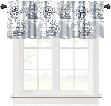 Nautical Sailboat Map Window Curtain Valance, Ship Anchors Sketch Pirate Ship Wheel Compass Valances Curtain for Farmhouse Bedroom Living Room Kitchen Cafe Decor 54x18inch
