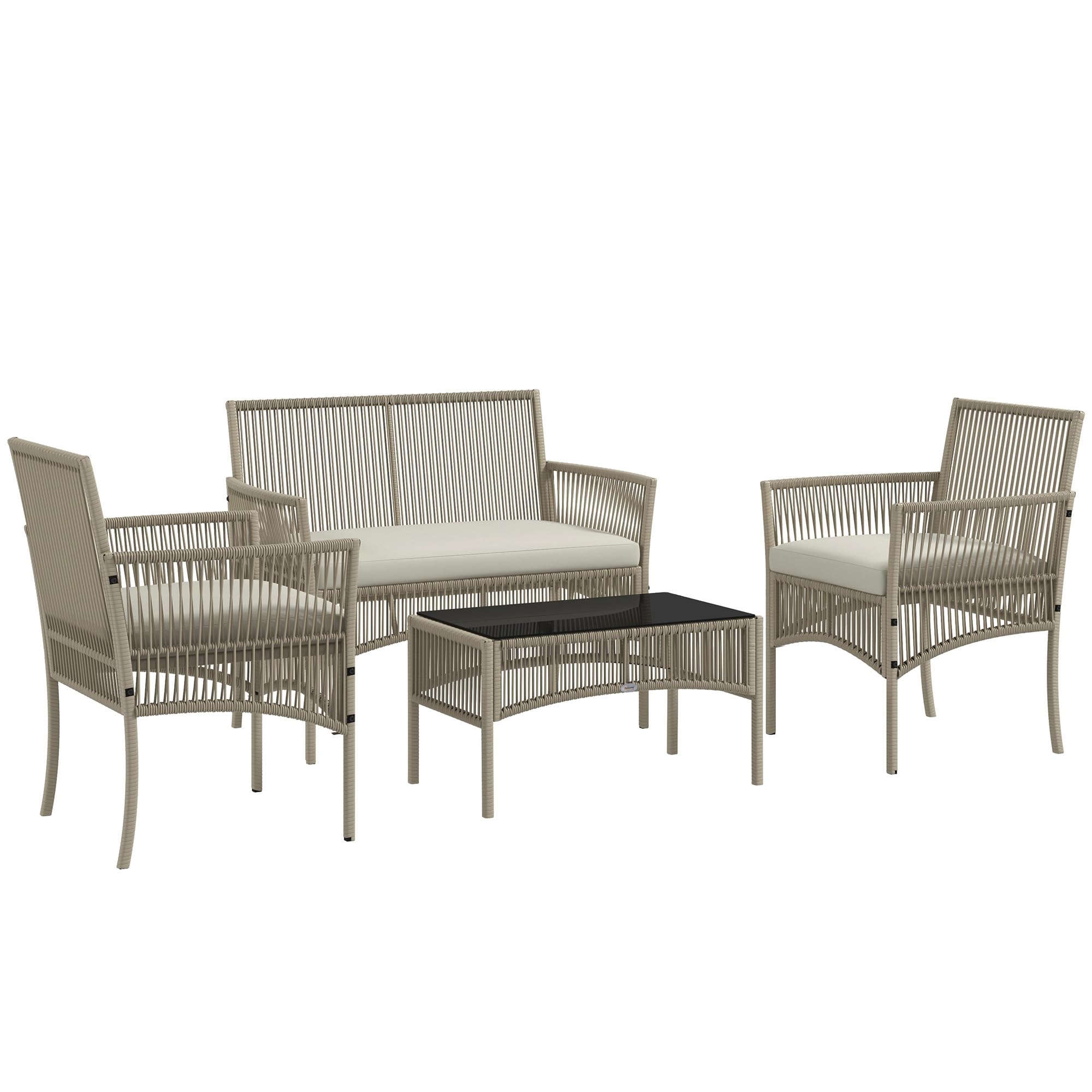 Outsunny Conjunto de Muebles de Jardín de Ratán Juego de 4 Piezas Muebles de Terraza con 1 Sofá de 2 Plazas 2 Sillones Cojines y 1 Mesa de Centro de Tablero de Vidrio para Patio Caqui