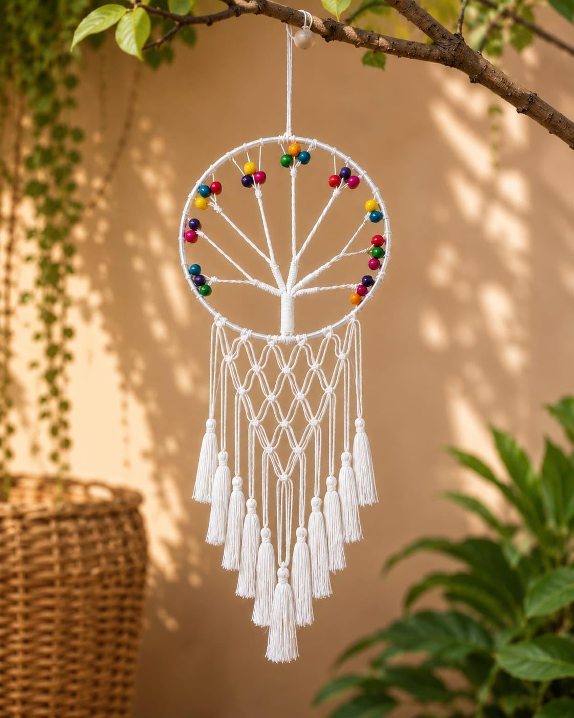 Handmade Macrame Tree of Life Dream Catcher Wall Hanging with Colorful Beads & Tassels | Boho Home Decor for Bedroom, Living Room, Balcony & Gift Purpose | White-image-48