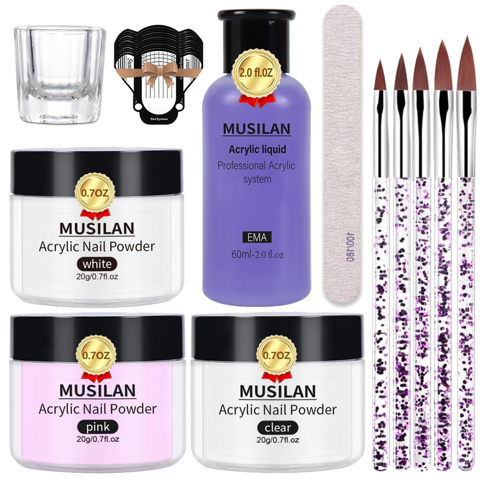 Acrylic Nail Kit - Acrylic Powder and Liquid Monomer Set 3 Colors Professional Acrylic Nail Set With Nail Brush Tips Acrylic Nail Powder Acrylic Liquid Acrylic Nail Art Starter Kit Clear White Pink