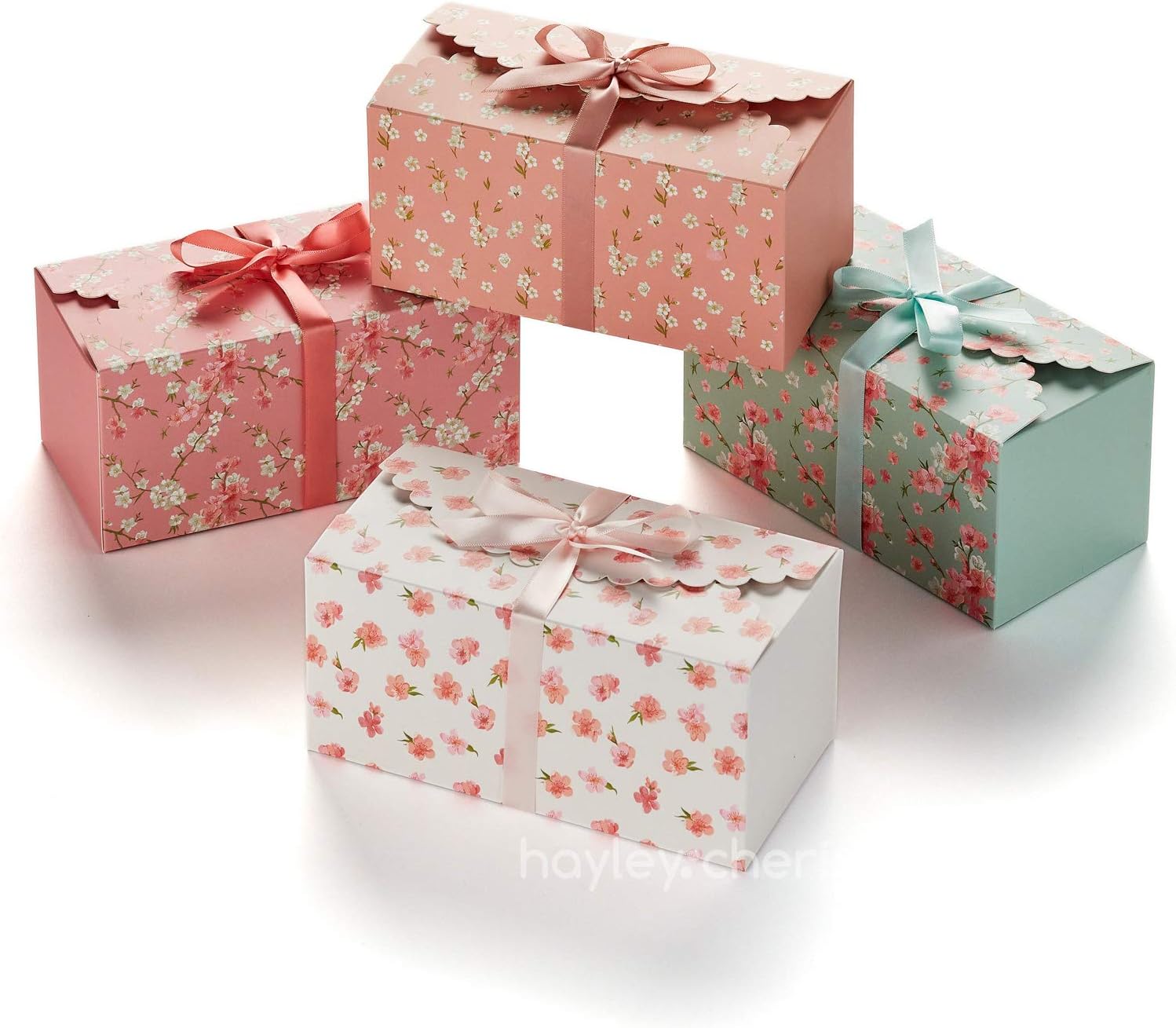 Floral Gift Boxes with Lids & Ribbons (20 Pack) 8” x 4” Cute Decorative Spring Treat Boxes Empty for Small Presents, Cookies, Mithai Indian Sweets, Mothers Day, Candy, Party Favors, Bulk Unique Return