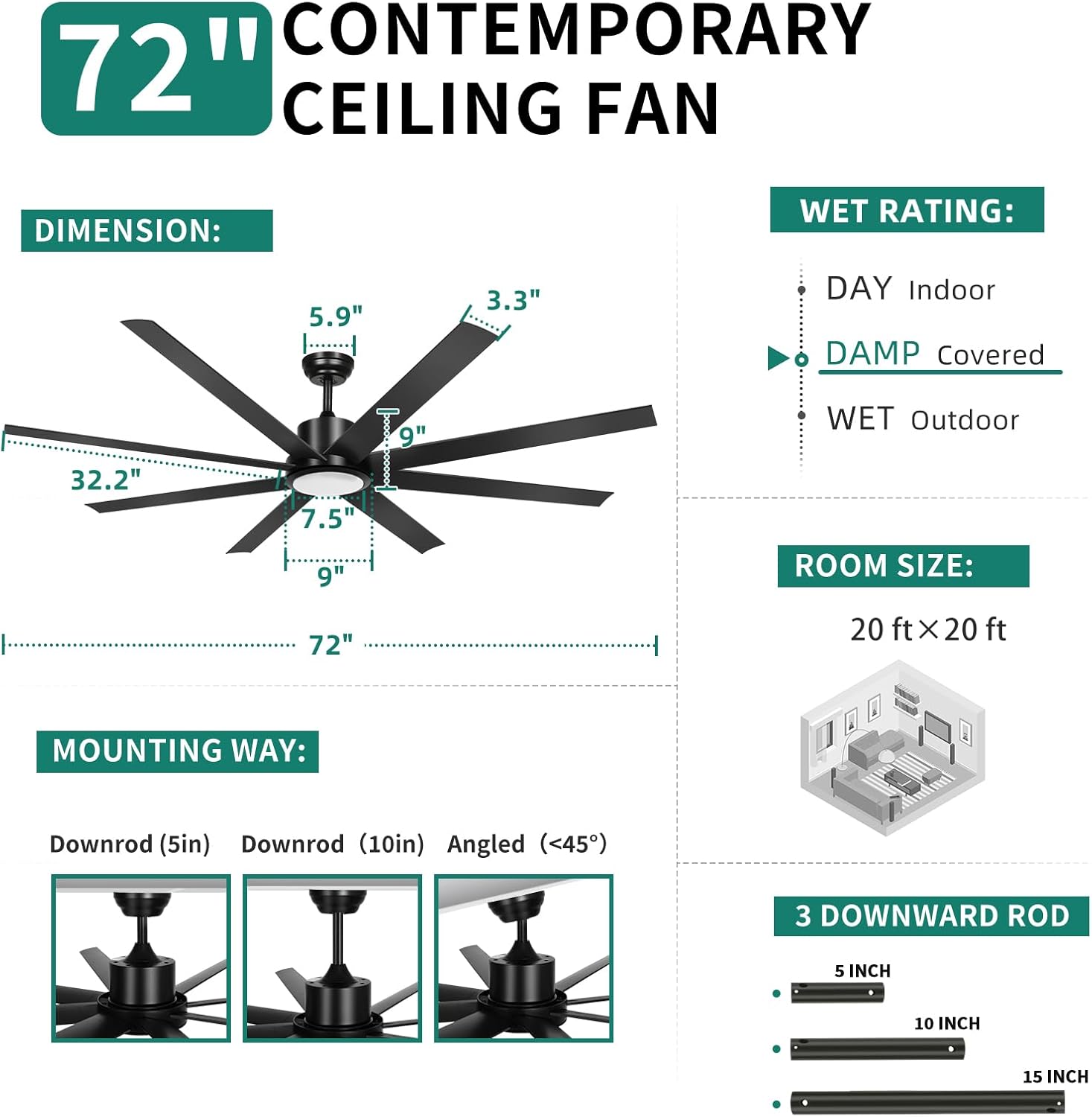 YITAHOME 72 Inch Ceiling Fans with Lights and Remote Control for Indoor, Reversible Quiet DC Motor, 8 Blades with 6 Speed, Modern Ceiling Fans for Living Room - Black