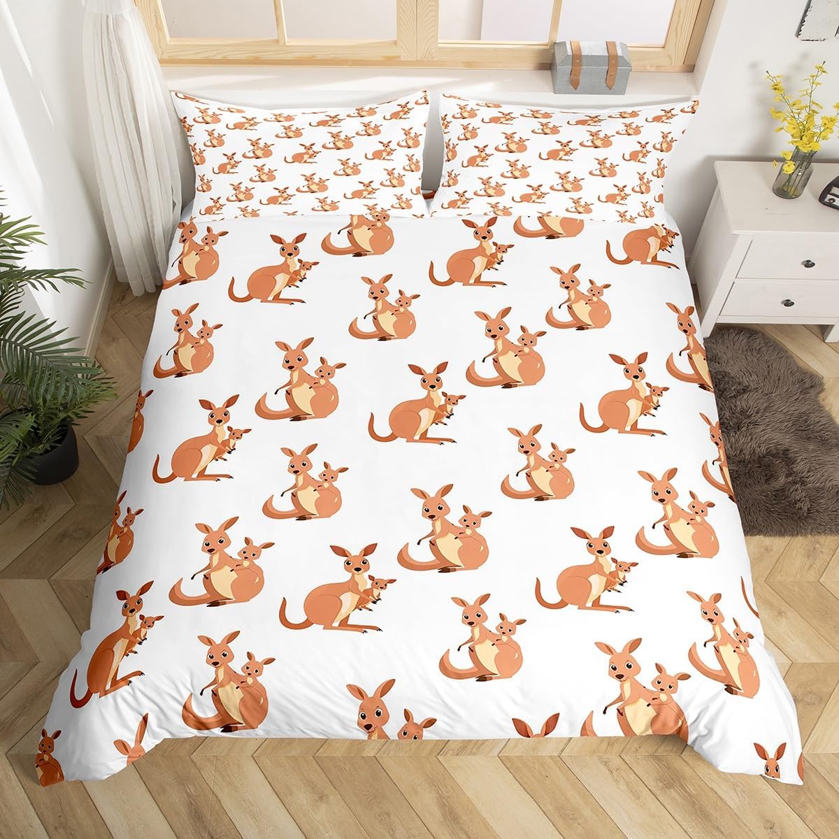 Feelyou Kids Kangaroo Bedding Set Cute Wild Animal Duvet Cover for Girls Boys Bedroom Wild Kangaroos Decor Comforter Cover Set Brown Bedspread Cover Twin Size with 1 Pillow Case