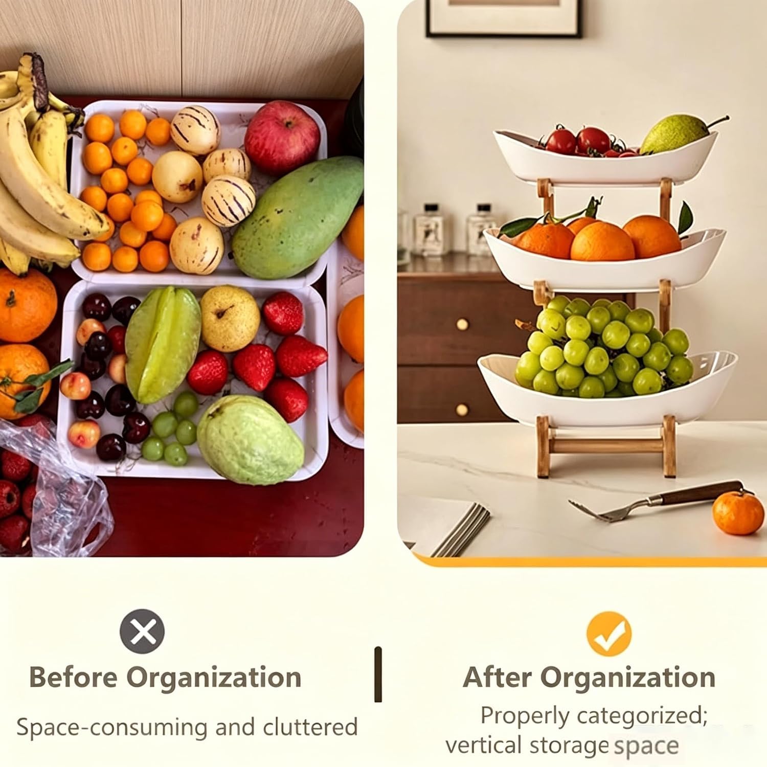 Cesta de frutas de bambú, cuenco ovalado desmontable de 2 niveles, organizador de ahorro de espacio para encimera de cocina, diseño apilable para frutas y verduras del hogar, almacenamiento de cocina