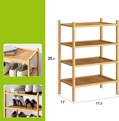 Miniatura 2 de BMOSU Zapatero pequeño de bambú de 4 niveles de alta calidad, apilable, organizador de almacenamiento para pasillo, armario, sala de estar,