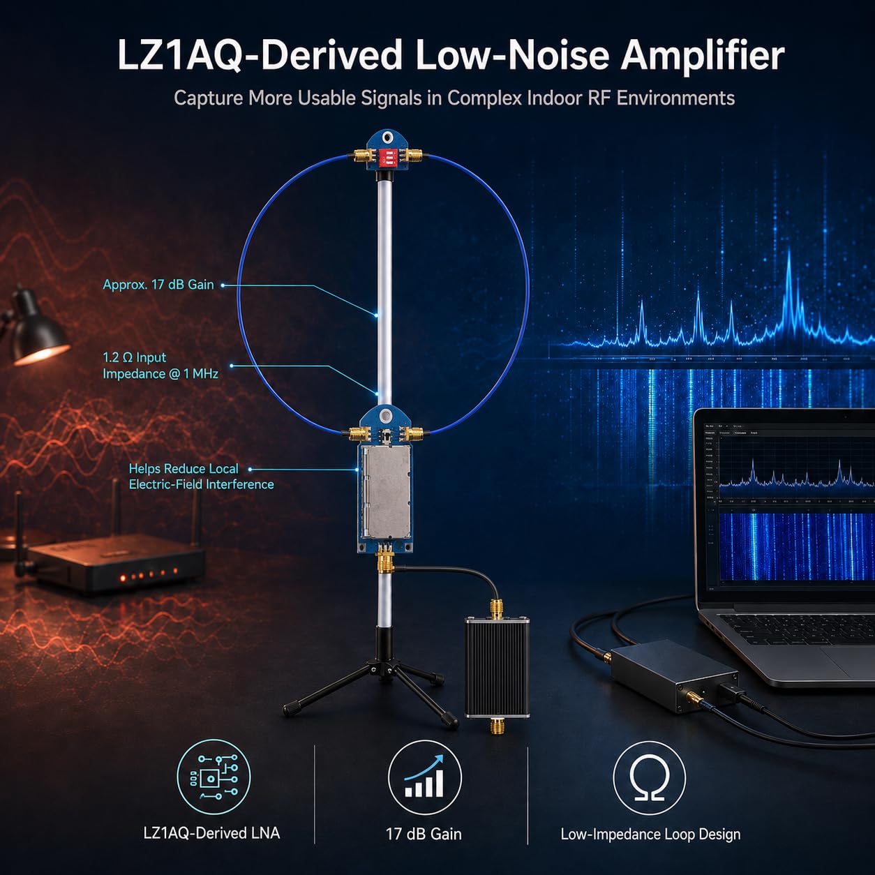 HFDY Antenne à boucle active portable 50 kHz-500 MHz HF AM FM VHF UHF UHF Boucle magnétique Réception pour radio Ham (avec amplificateur amélioré)