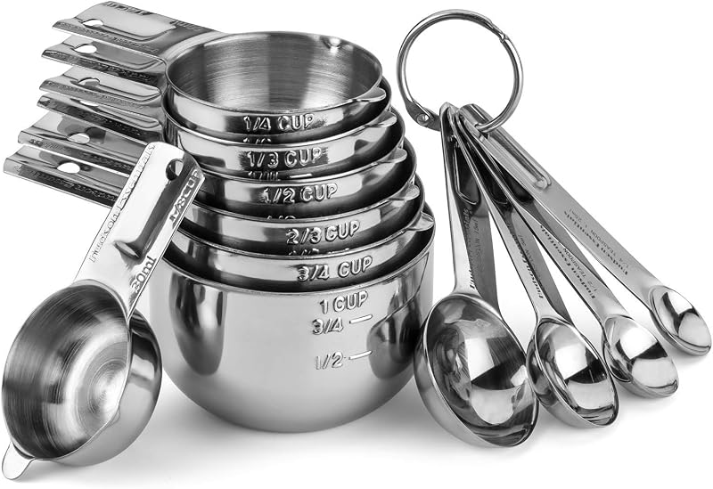 Juego de tazas y cucharas medidoras de acero inoxidable - Juego apilable con pico (juego de 11 piezas)