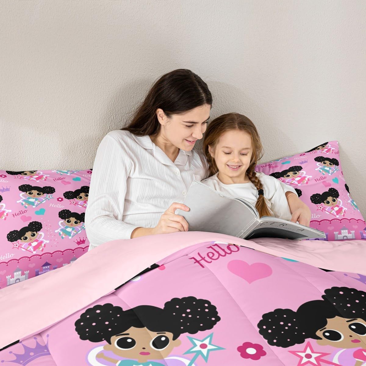 Manfei Kids Magical Princess Toddler Bedding Set for Kids Adults,Princess Fairy Tales Castle Comforter Bed Set,Magical Girls Quilt Set 2 PCS,Watercolor Love Hearts Duvet Insert,1 Pillow Case