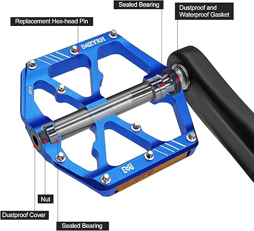 Miniatura 5 de MZYRH 3 Bearings Mountain Bike Platform Pedals - Flat Alloy 9/16" Non-Slip Bicycle Pedals Blue with Reflectors