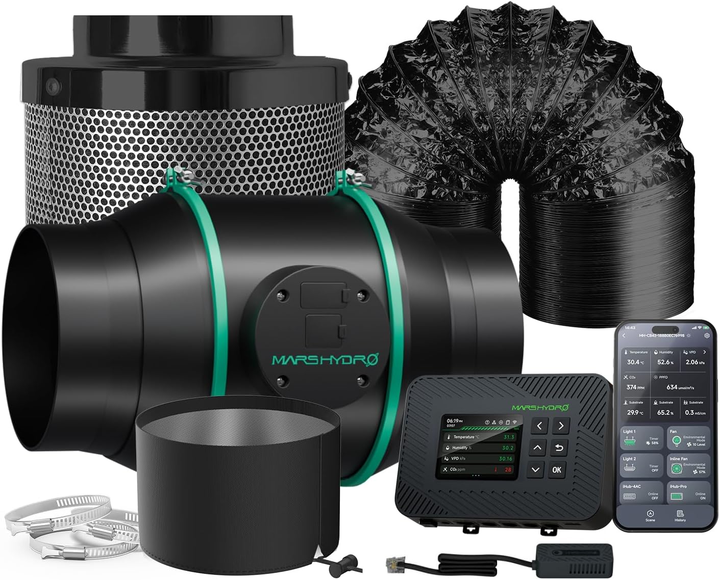 MARS HYDRO 6 Inch Inline Fan and Filter, with Temperature and Humidity Controller, and 25 Feet Ducting, Exhaust Fan for Grow Tents, Hydroponics