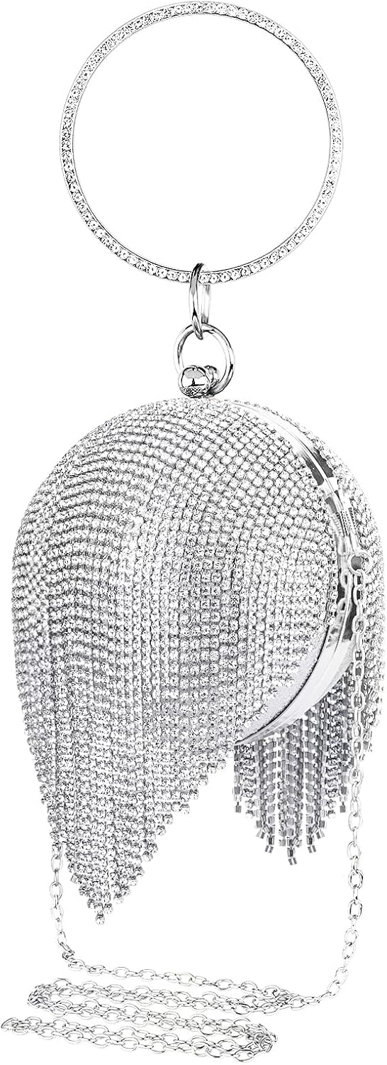 Women Evening Purses, Small Round Ball Crystal Tassel Clutch Bag, Rhinestone Lady Party Wedding Crossbody Shoulder Ring Handle Handbag (Silver)