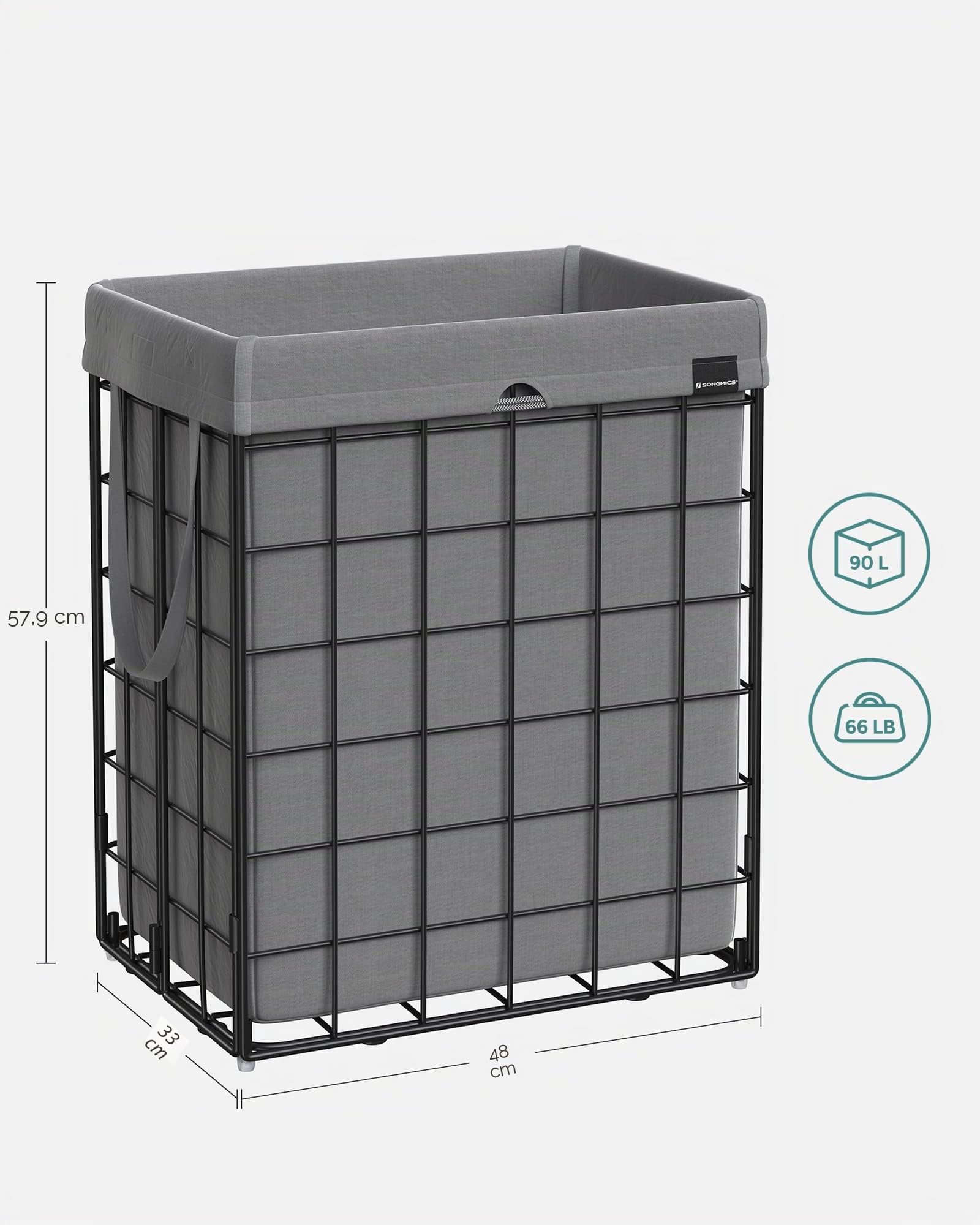 SONGMICS ULCB190G01 Wäschekorb, zusammenklappbarer Wäschekorb, herausnehmbares und waschbares Innenfutter, Metalldrahtrahmen, für Schlafzimmer, Badezimmer, 90 l, Schwarz und Grau