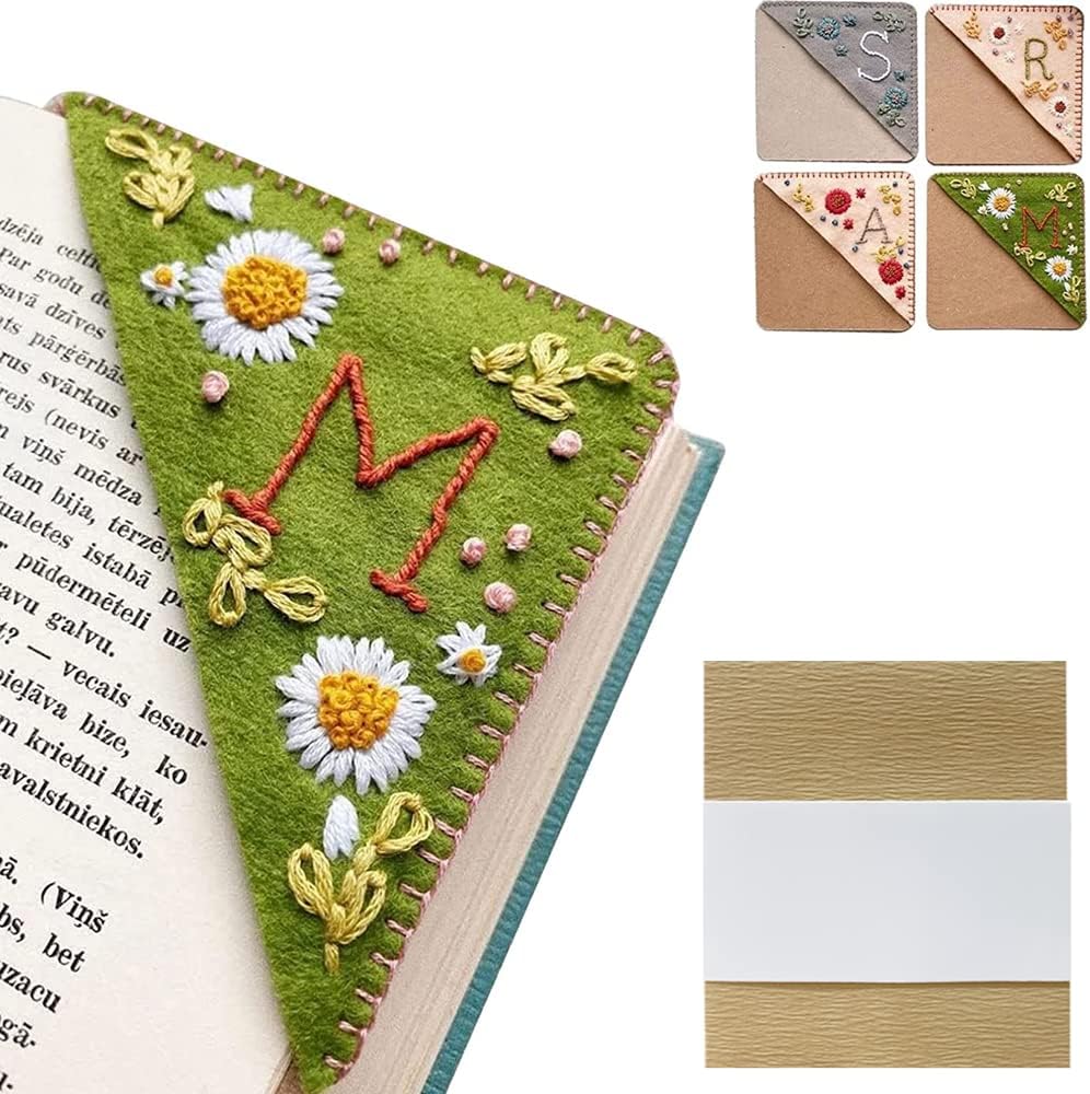 Personalized Hand Embroidered Corner Bookmark, 26 Letters Cute Flower Embroidered Corner Bookmark Embroidery Book Marker Clip for Book Lovers Bookmarks for Reading Lovers Meaningful Gift (Summer, J)