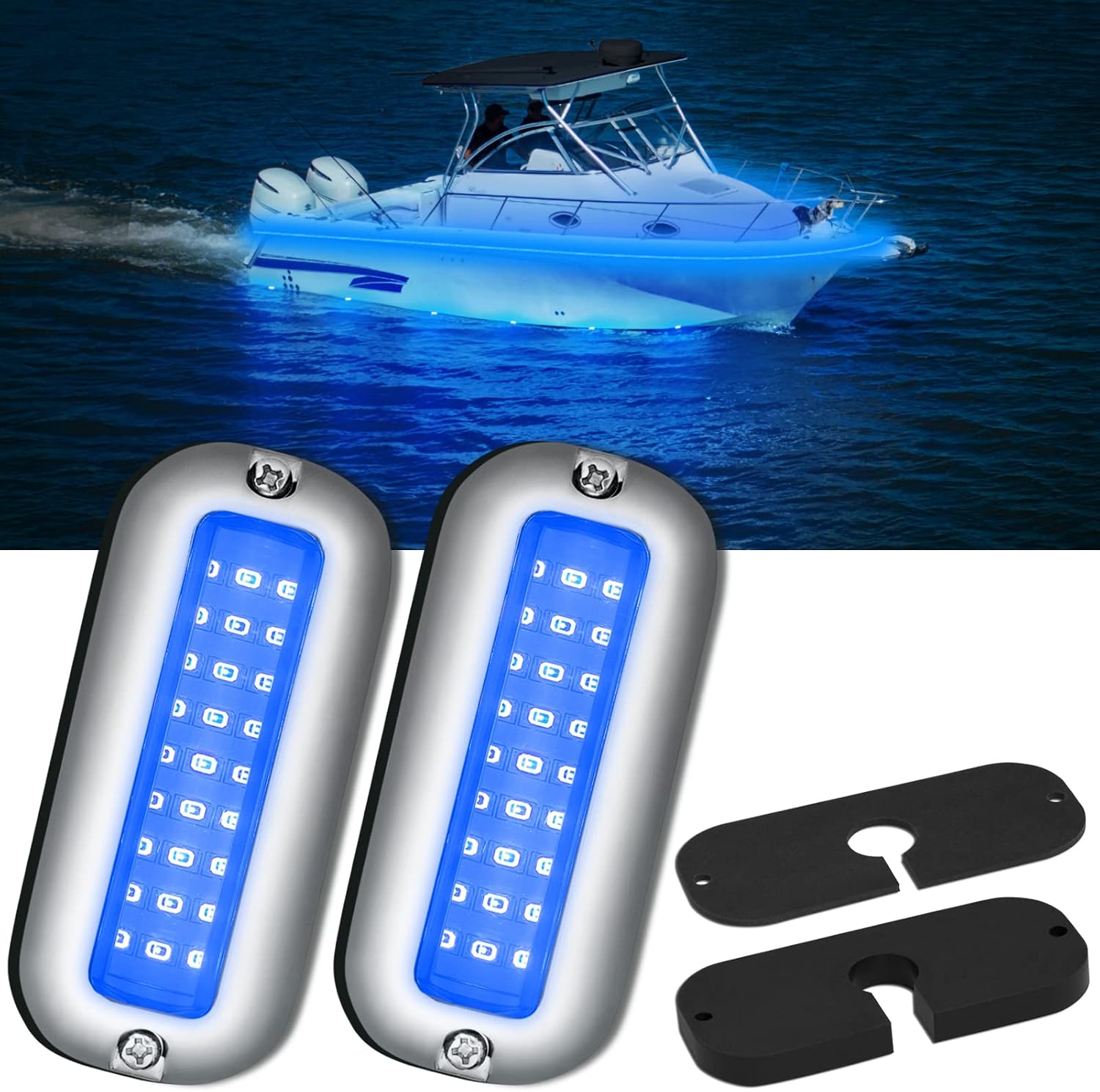 Obcursco Led Boat Lights Waterproof IP68, Underwater Lights for Boat (2 * 27 Leds 1200LM), 316 Stainless Air or Underwater Marine Lights Ideal for Pontoon, Fishing Boat, Jon Boat and Transom (Blue)