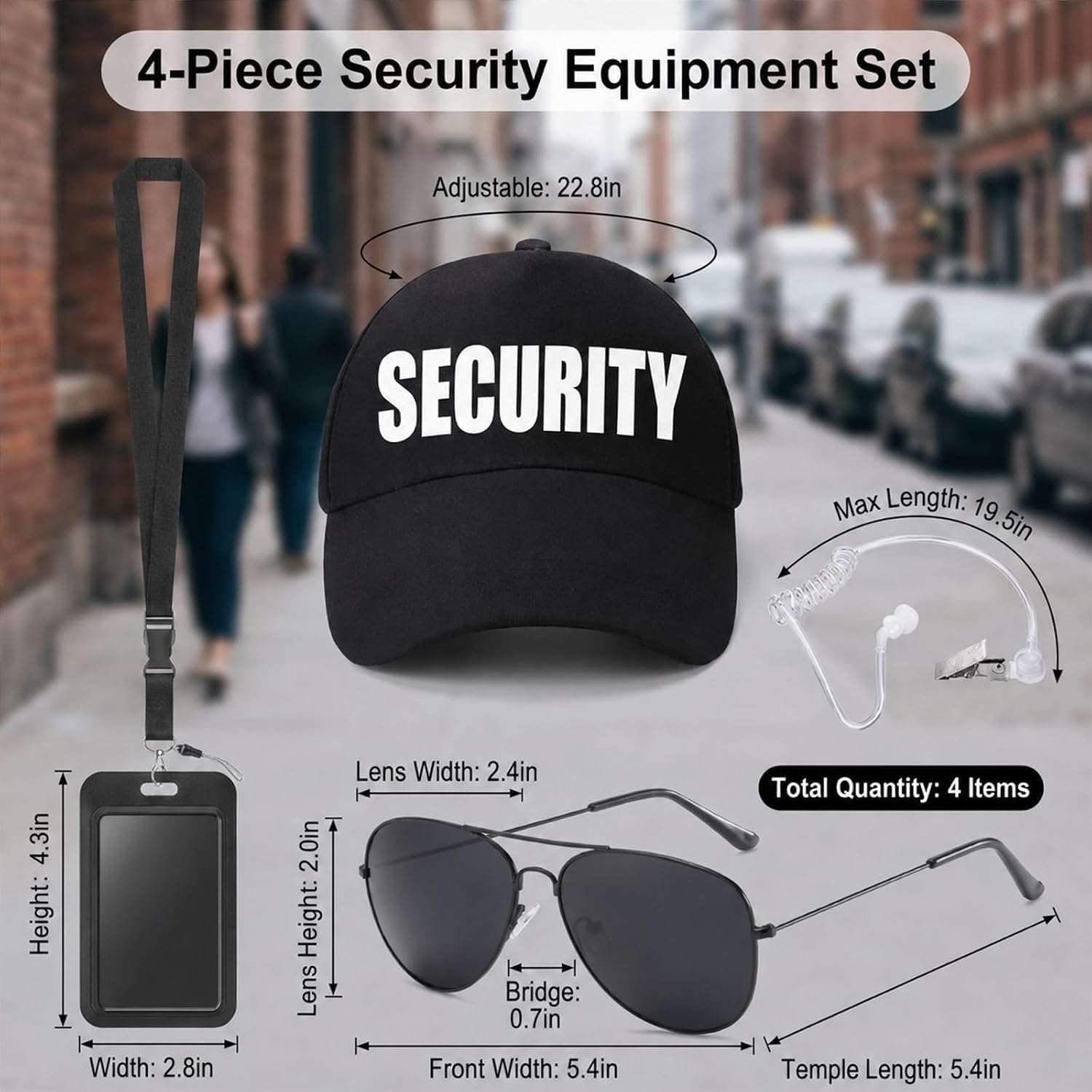 4-Piece Security Guard Equipment Kit with Adjustable Strap, Security Guard Costume Set, Security Hat and Equipment for Halloween Cosplay, Spy Theme Parties and Stage Performances (Ages 14+)