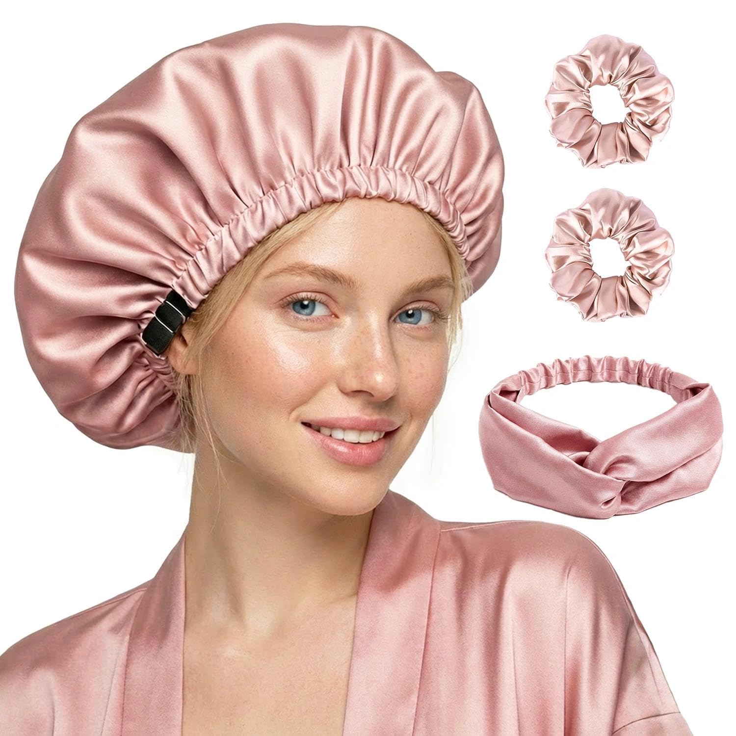 Silkamor Women's Pink Luxury Double-Layered Silk Bonnet For Sleeping – Adjustable Satin Hair Bonnet Set With Two Scrunchies & Headband For Curly Natural Hair,