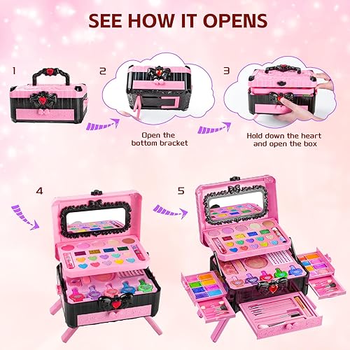 Miniatura 16 de Juegos de maquillaje para niñas – Maquillaje lavable para niños con espejo, tocador real con soporte, kit de maquillaje de princesa perfecto