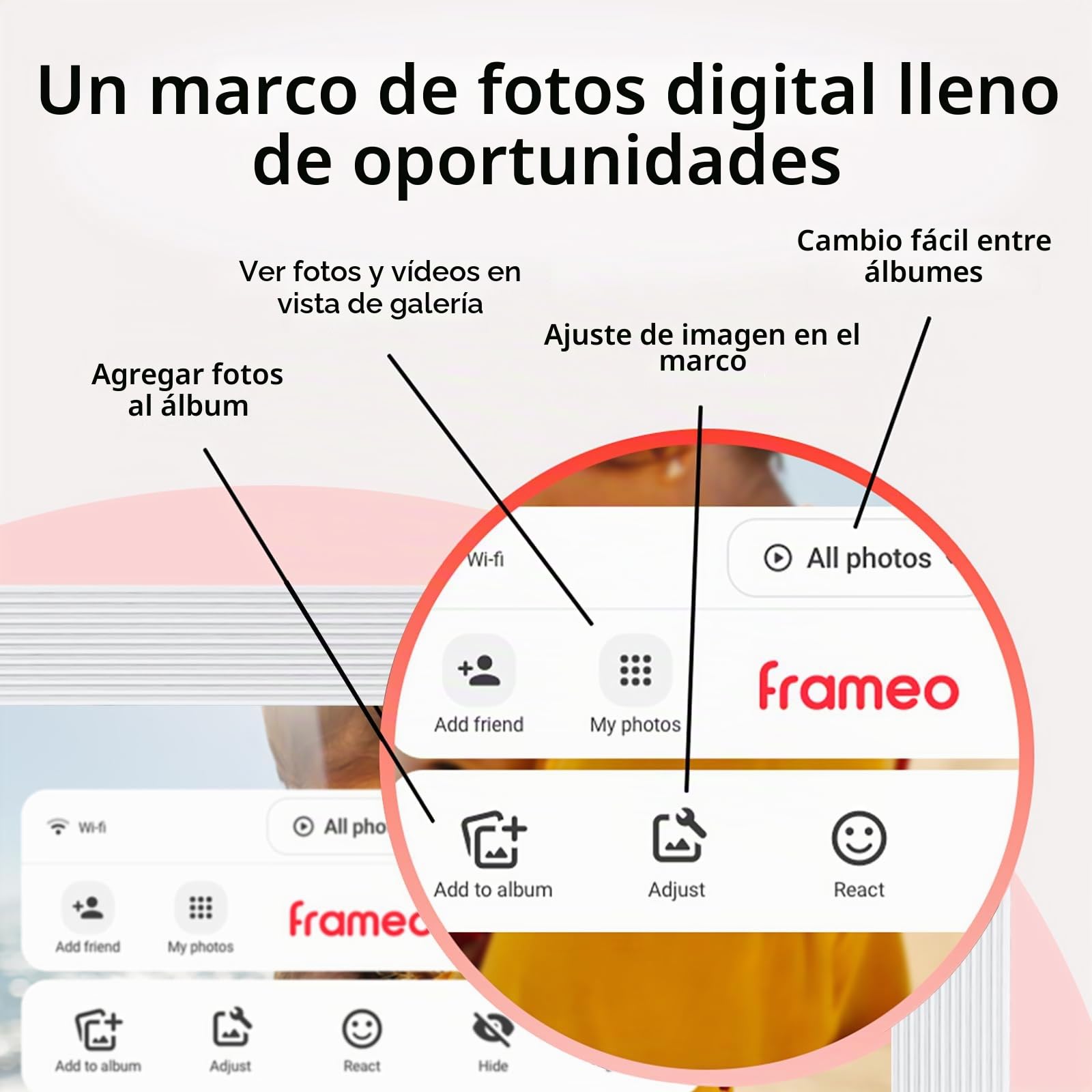 Frameo White - Marco de fotos digital inteligente WiFi de 10.1 pulgadas, marco de fotos digital Wi-Fi con almacenamiento de 32 GB y ranura SD, marco de fotos electrónico, pantalla táctil IPS con