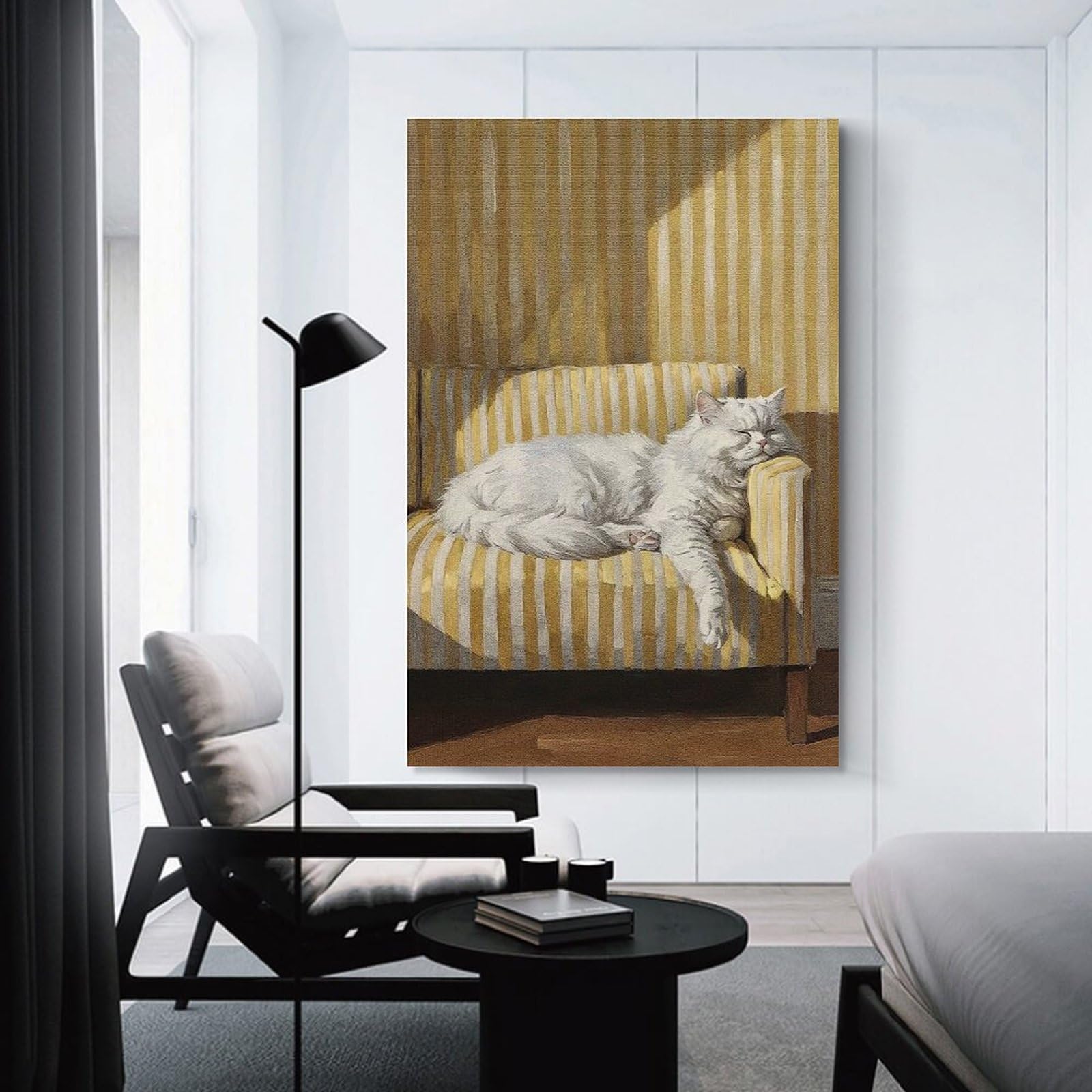 Junmoney Unframe-Style-12 Wall Decor Canvas Print Cat Nap On Striped Chair, 24X36inch(60X90cm), For Bedroom, Lounge Or Dressing Area, Stylish Decor For A Restful Room Update