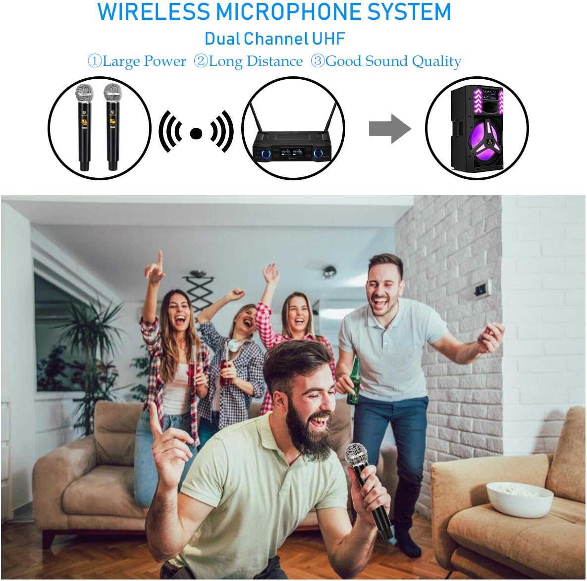 AKUSTIK 100 Channel Dual Wireless Microphone System, UHF Cordless Handheld Mics Set with LCD Display, 200Ft Range, Professional Dynamic Microphone for Karaoke Singing, Party, Wedding, Church, Meeting