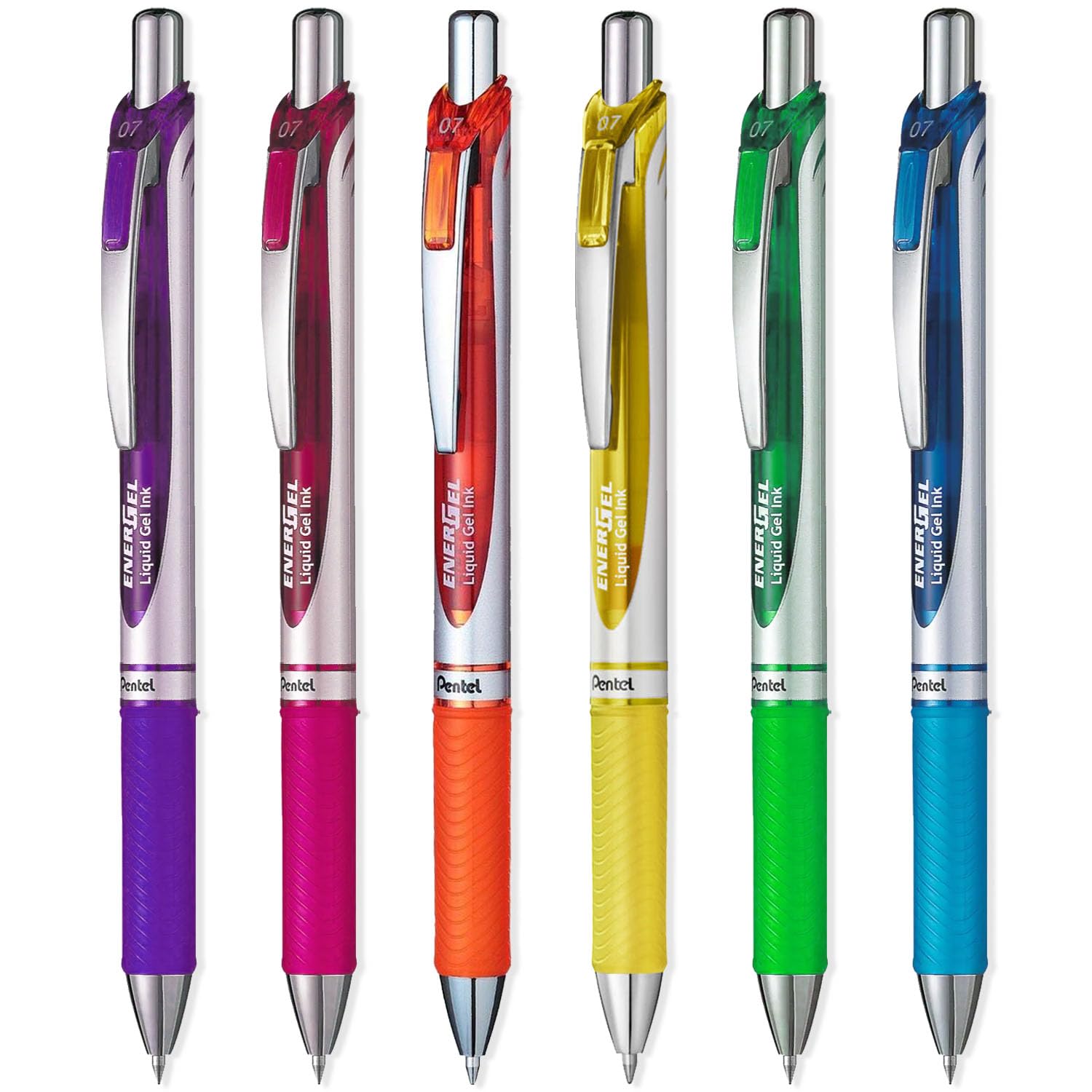 Pentel EnerGel XM BL77 - Retractable Liquid Gel Ink Pen - 0.7mm - 54% Recycled - Violet, Pink, Orange, Yellow, Lime Green & Sky Blue - Tropical Pack of 6