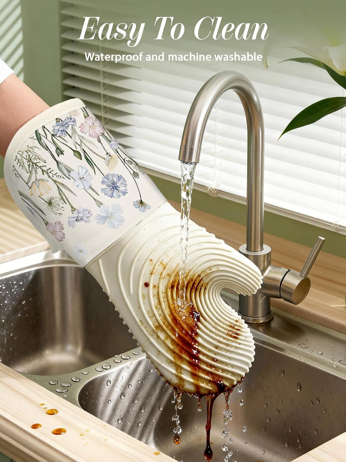 Slohif Long Silicone Oven Mitts Heat Resistant for Women - 2 Pcs Beige Wild Flowers 100% Cotton Oven Gloves, Non-Slip and Waterproof Silicone Oven Mitts with Hanger for Baking and Cooking - Image 4