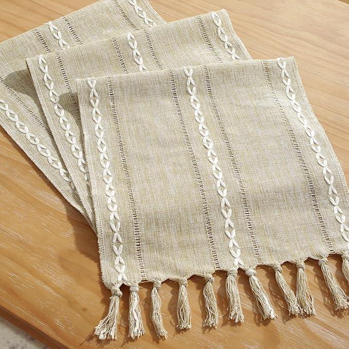 Miniatura 3 de Wracra Camino de mesa rústico con vainica, camino de mesa de lino de 60 pulgadas de largo con borlas para comedor, cocina, decoración de mesa