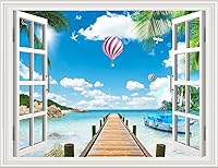 Vista 24 de Pintura autoadhesiva 3D, calcomanías de pared falsas para ventana, isla tropical con palmeras, mural de pared, vista de ventana, decoración de pared