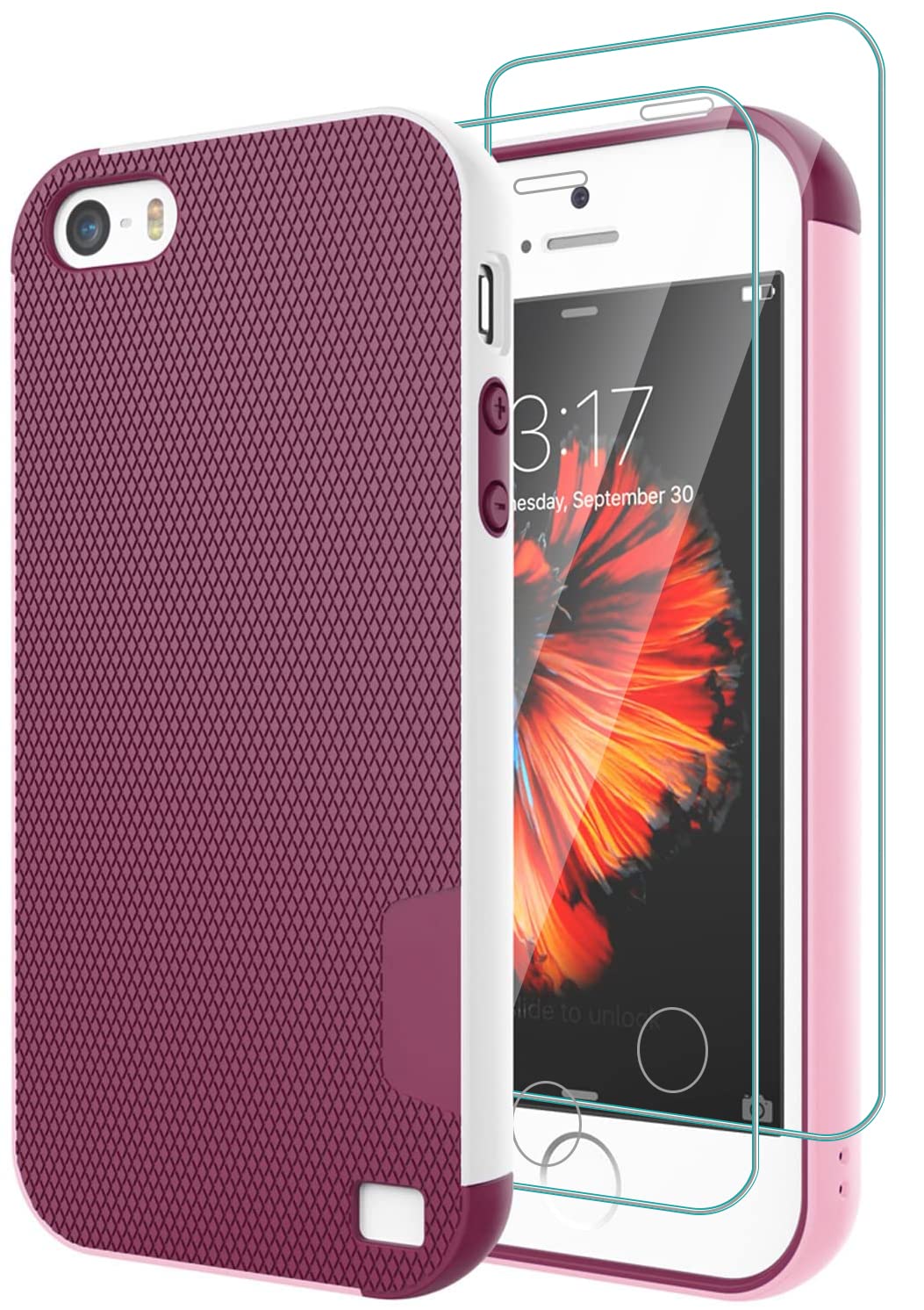 Case for iPhone SE (1st gen - 2016), Case for iPhone 5S with 2 Pack Tempered Glass Screen Protector, Contrasting Colors Ultra Slim One-Piece Anti-Slip Rugged Soft TPU Bumper Shockproof Case - Wine