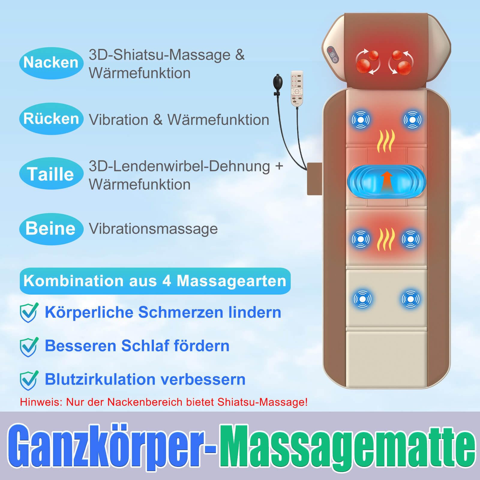 Alfombrilla de masaje de cuerpo completo con calor, almohadilla de masaje de espalda, tracción lumbar y relajación, calefacción de cuerpo completo, 4 modos de masaje y 6 motores más silenciosos