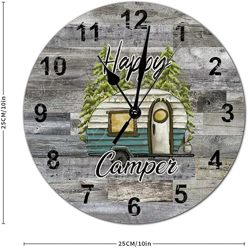 Miniatura 2 de Reloj redondo de madera rústica de 10 x 10 pulgadas, con temática de campamento, con números arábigos, silencioso, sin tictac, funciona con pilas,